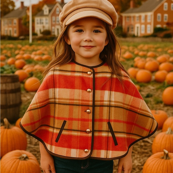 Janie & Jack Girls Tartan Pink Brown Tan Plaid Button Front Cape - Picture 1 of 8